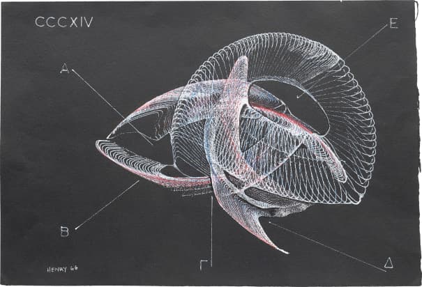 Diagram for Zoology of Antigeos (G) by Desmond Paul Henry - Machine-generated white and red India ink drawing from 1966